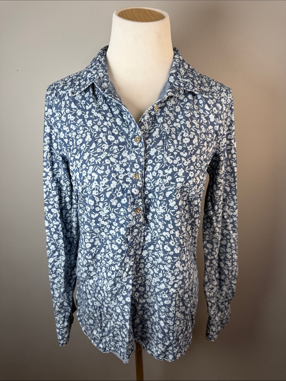 Blue Floral Button Henley Top